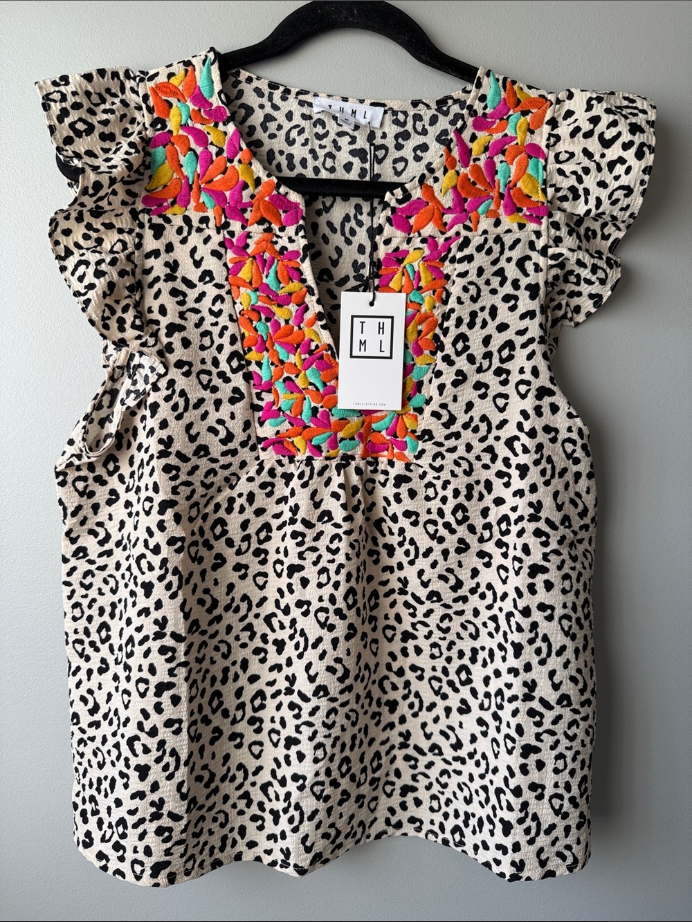 THML Cream Leopard Print Top with Bright Multicolor Embroidery flutter sleeve M